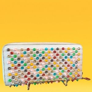 Christian Louboutin White Multicolor 3D Rockstar Stud Large Zip Wallet